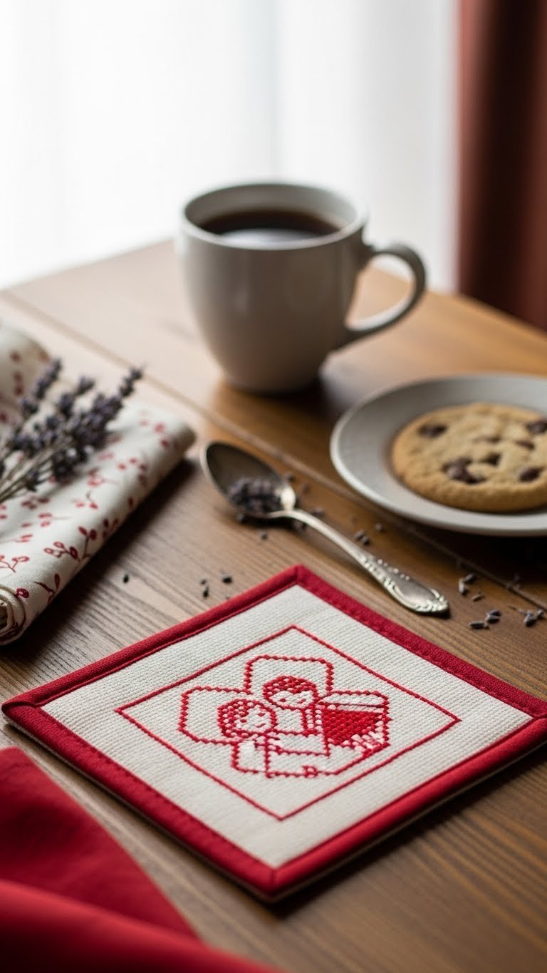 RedWork Valentine's mug rug with traditional embroidery pattern on cream fabric displayed with ceramic mug on rustic table.