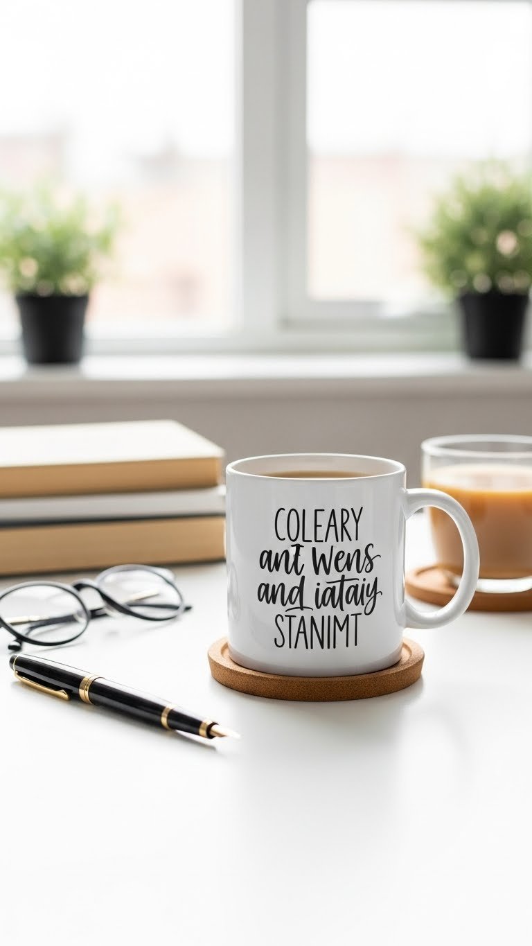 Refined ceramic mug with elegant hand-lettered inspirational quote on minimalist wooden coaster