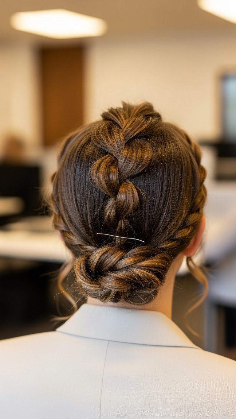 Refined twisted half-up hairstyle on medium length hair with multiple neat twists meeting at back