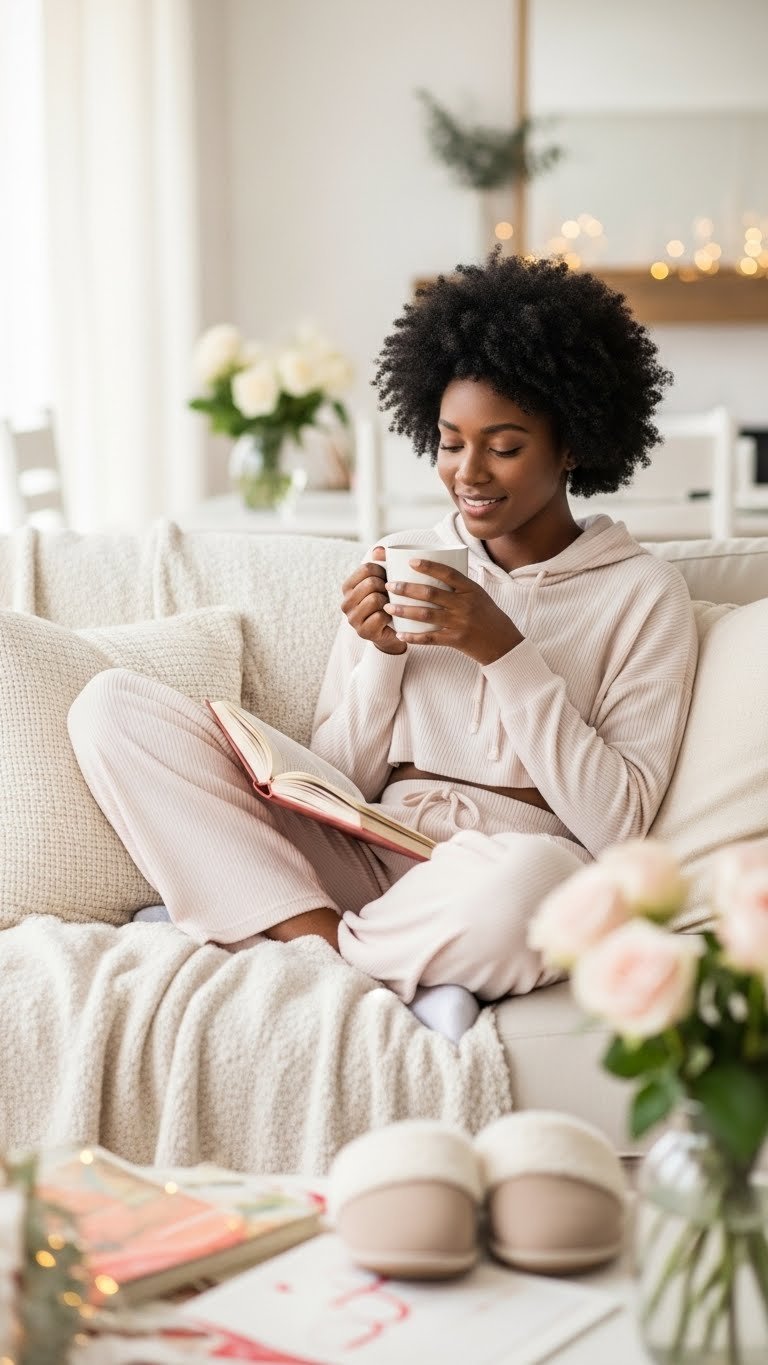Relaxed Black woman enjoying cozy Valentine's Day in matching loungewear set curled up on plush sofa