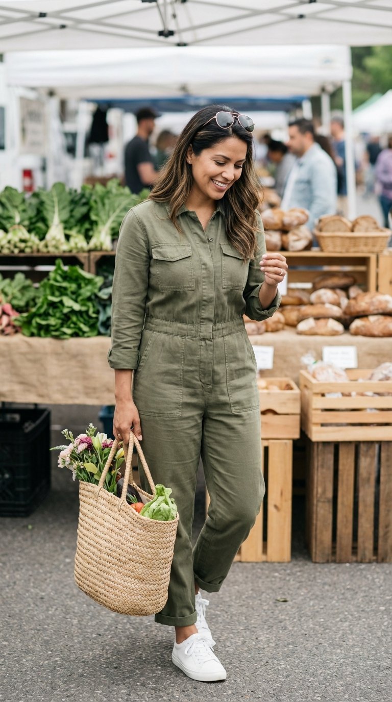 Relaxed Latina woman in olive green utility jumpsuit shopping at outdoor farmers market with produce stalls