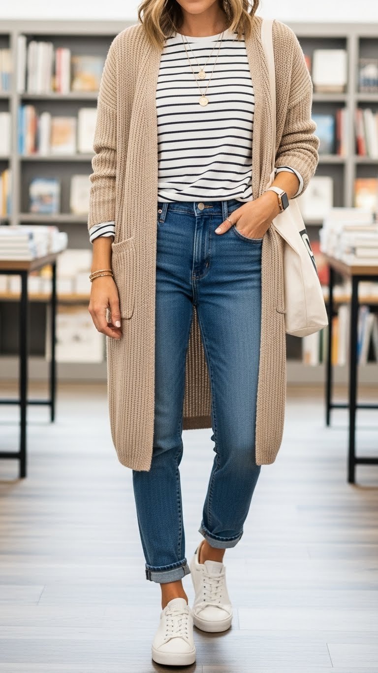 Relaxed layered outfit with beige cardigan over striped tee and boyfriend jeans in bright bookstore