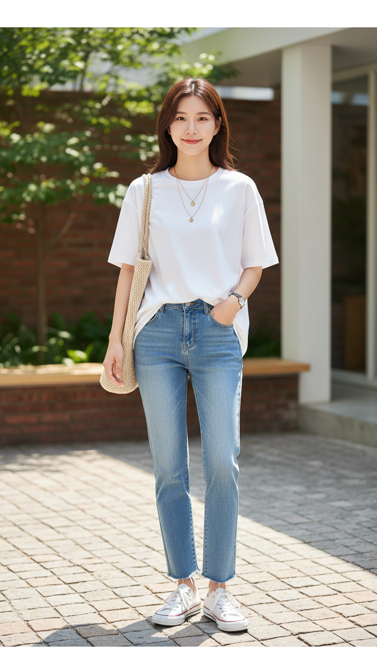 Relaxed person wearing effortless casual outfit with white tee and light-wash jeans in sunny outdoor café setting