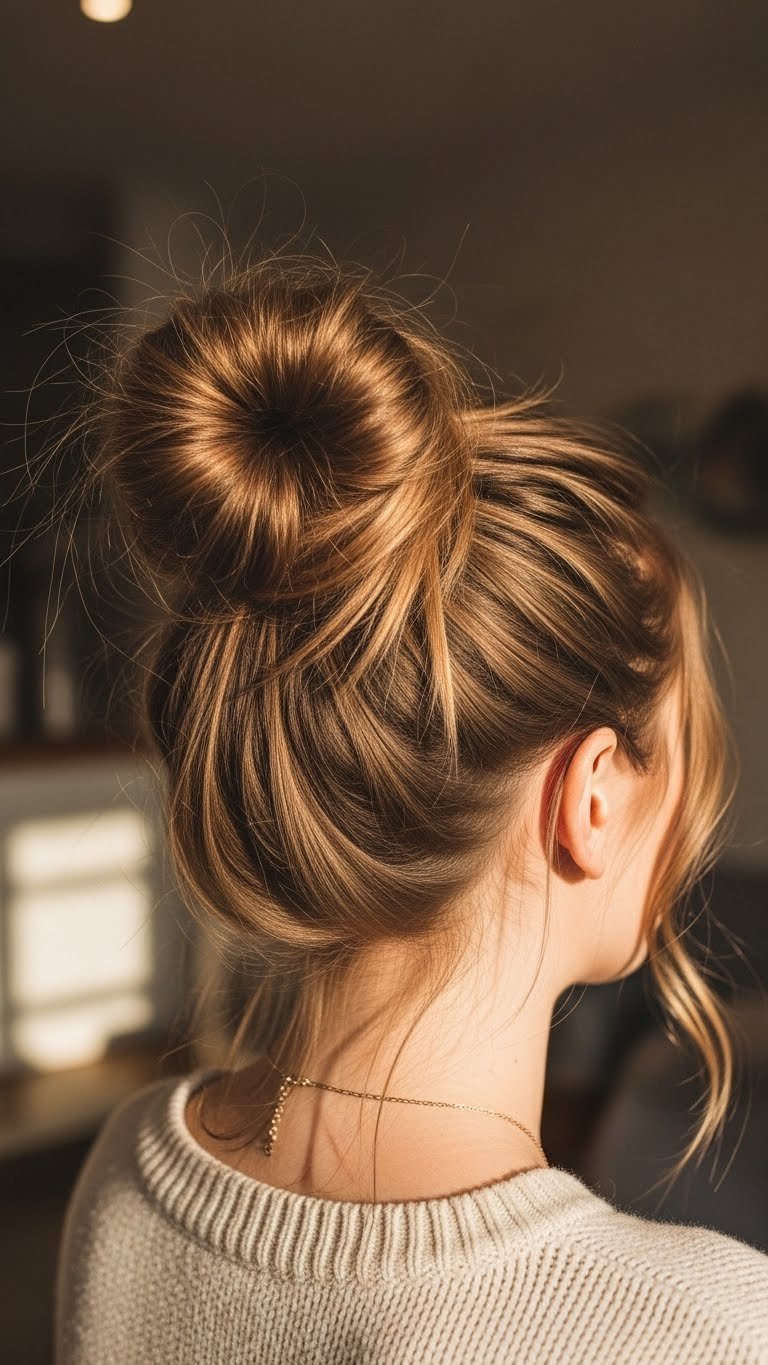 Relaxed side messy bun hairstyle casually positioned over shoulder with soft undone texture for casual vibe