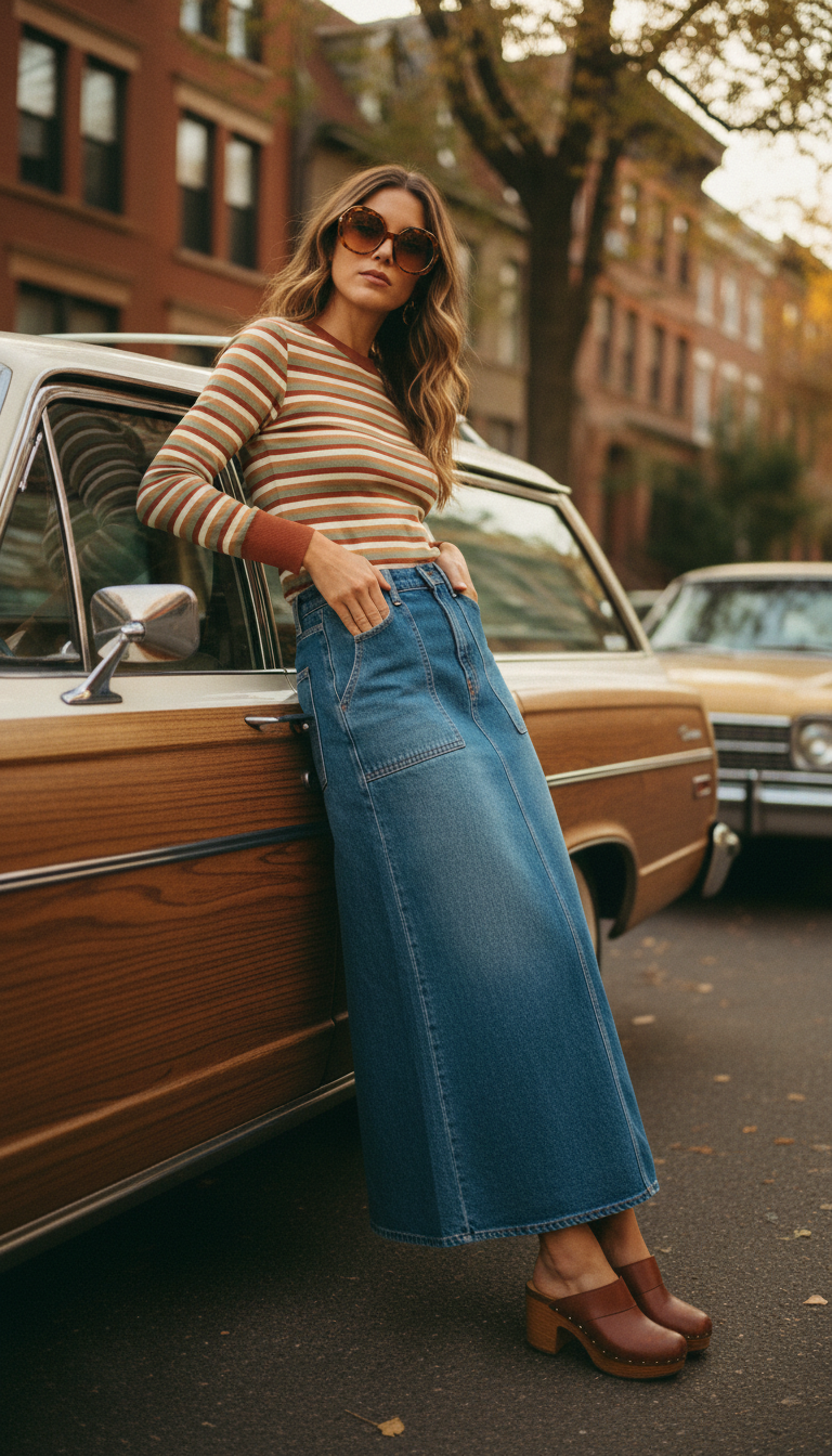 Retro 70s-inspired outfit with striped long-sleeve shirt and vintage wash denim maxi skirt against vintage backdrop