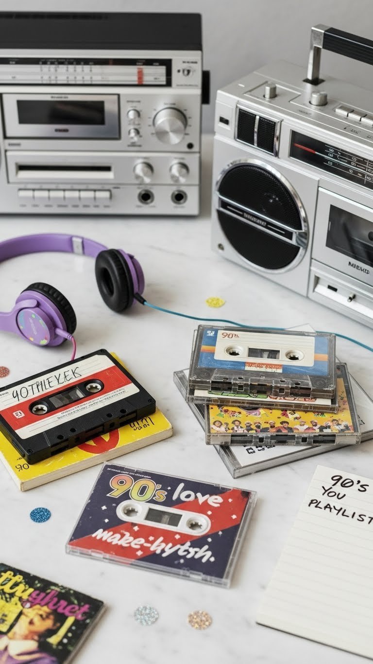 Retro 90s music media display featuring cassette tapes, CDs, and portable boombox arranged in nostalgic flat lay
