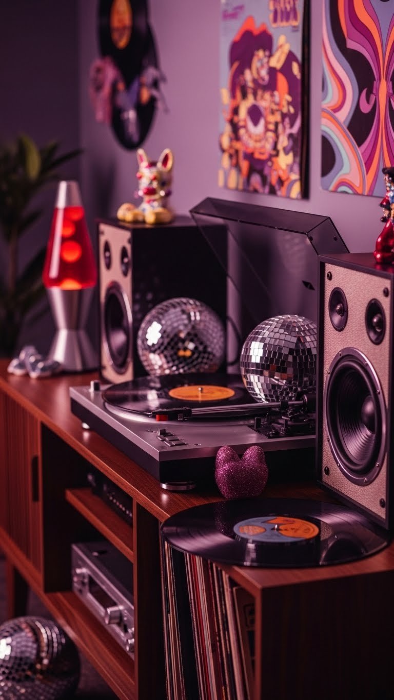 Retro groovy disco Valentine's playlist setup with vintage vinyl records and 70s-era turntable on dark wooden console