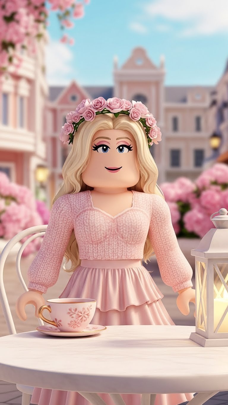 Roblox Dress to Impress avatar in aesthetic pink sweetheart outfit with ruffled skirt at whimsical virtual café setting