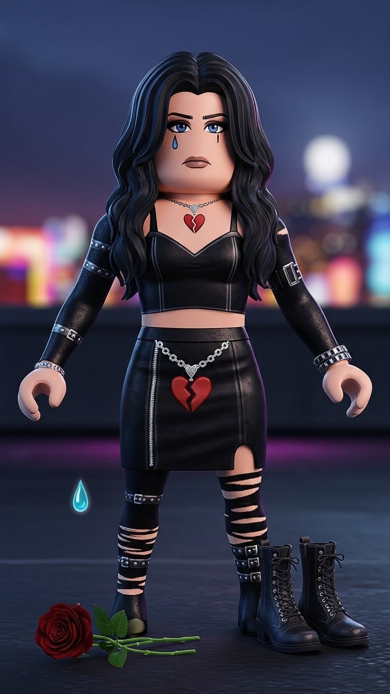 Roblox Dress to Impress avatar in chic heartbreak vibe outfit with dark velvet dress and moody cityscape background