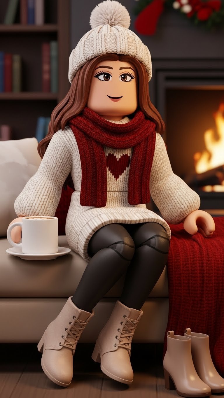 Roblox Dress to Impress avatar in cozy Valentine's date night outfit with knit sweater dress by fireplace