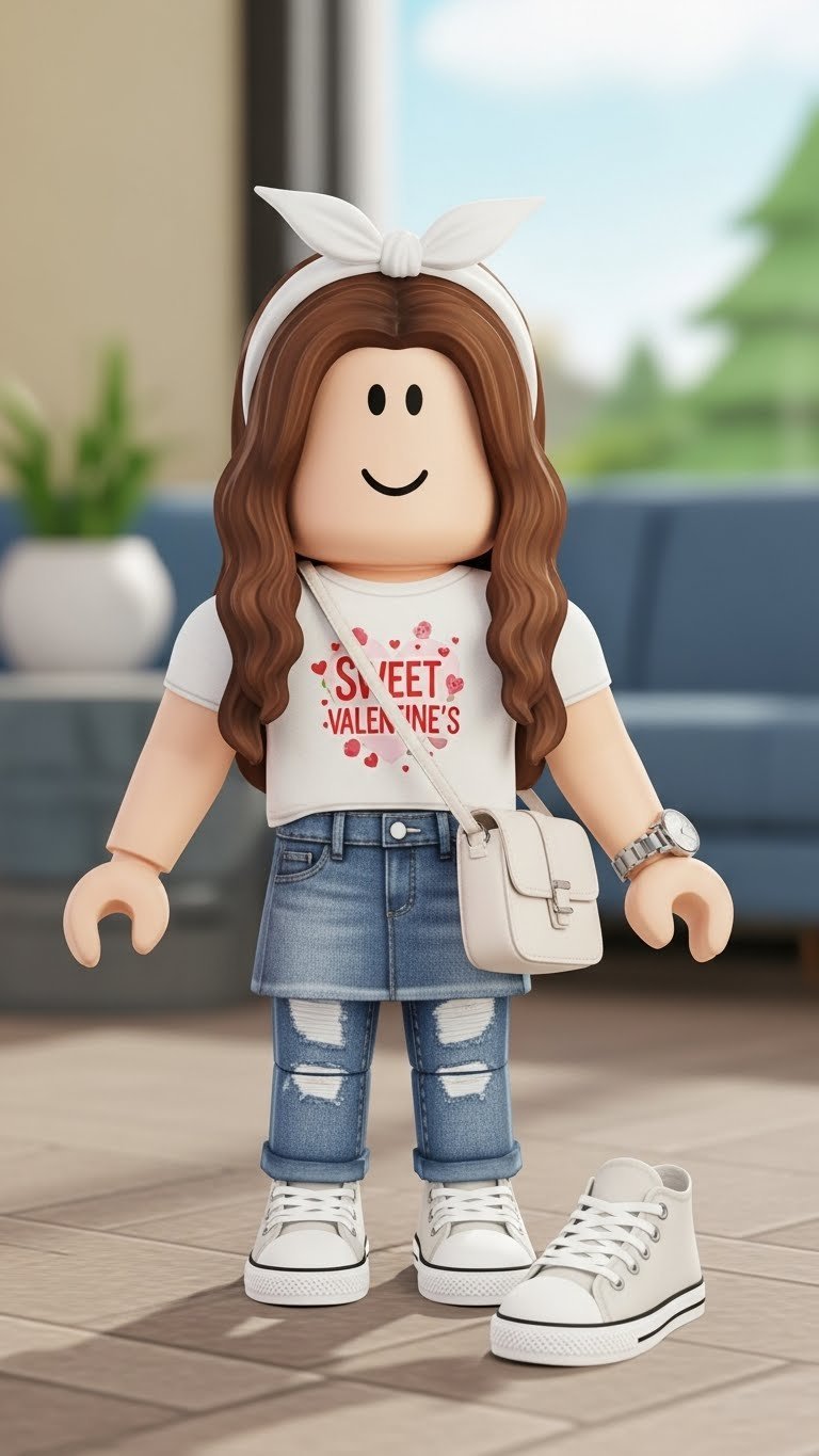 Roblox Dress to Impress avatar in sweet casual outfit with graphic tee and jeans at park setting