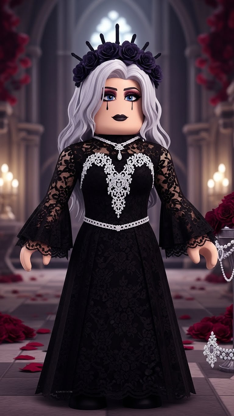 Roblox avatar in gothic black lace gown with silver accents standing in ornate ballroom setting for gothic valentines outfit