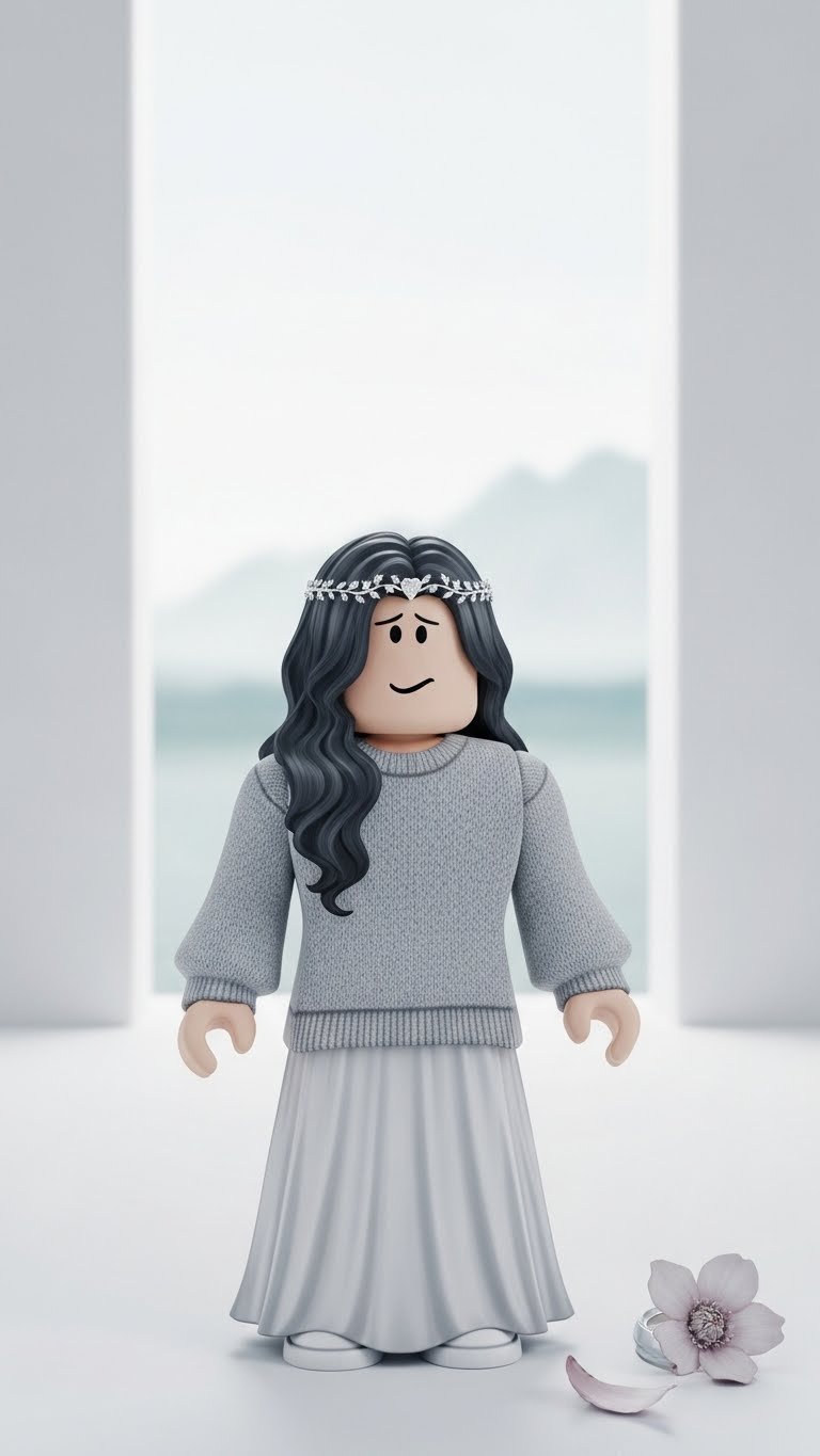 Roblox avatar in minimalist muted mourning outfit with oversized sweater in stark gallery setting for simple heartbreak aesthetic