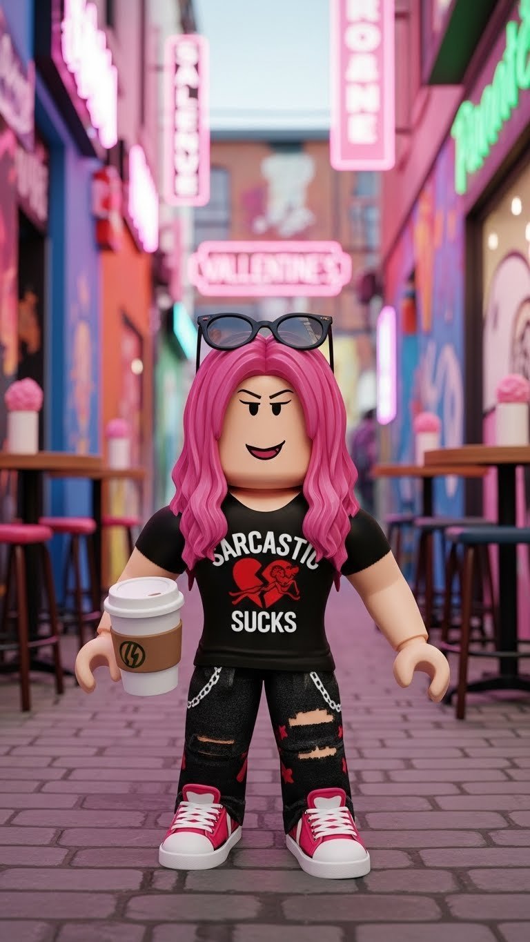 Roblox avatar in sarcastic anti-valentine outfit with ironic graphics in vibrant cafe setting showcasing anti-romance style
