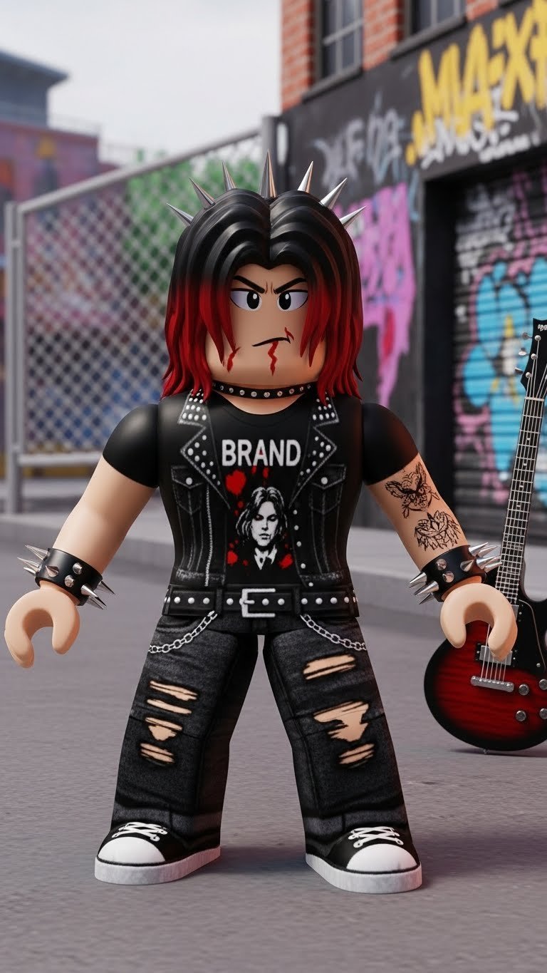 Roblox avatar wearing distressed punk outfit with studded leather in urban street scene showcasing edgy heartbreak style