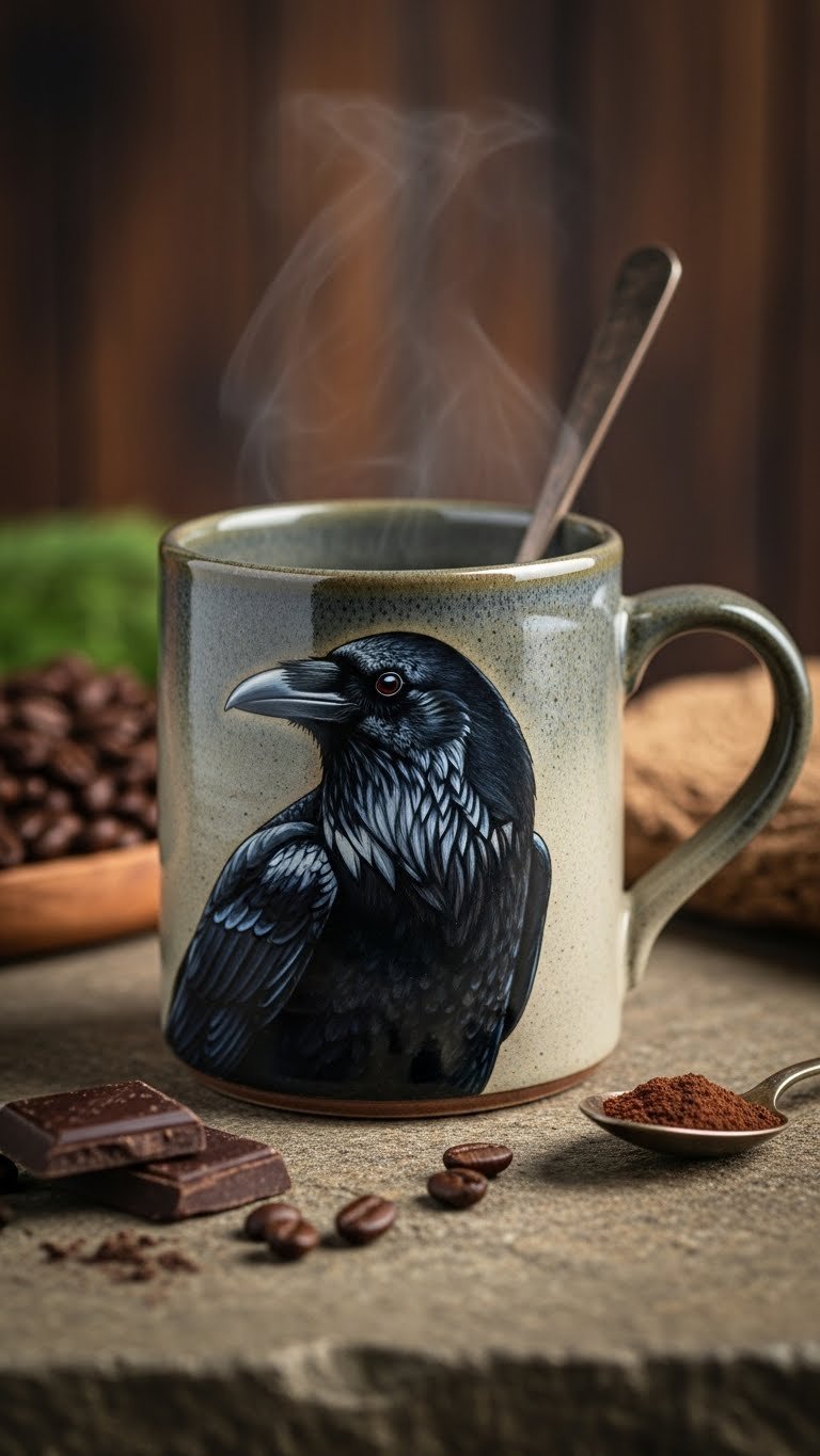 Robust stoneware mug with realistic raven painting on rough-hewn stone surface with forest backdrop