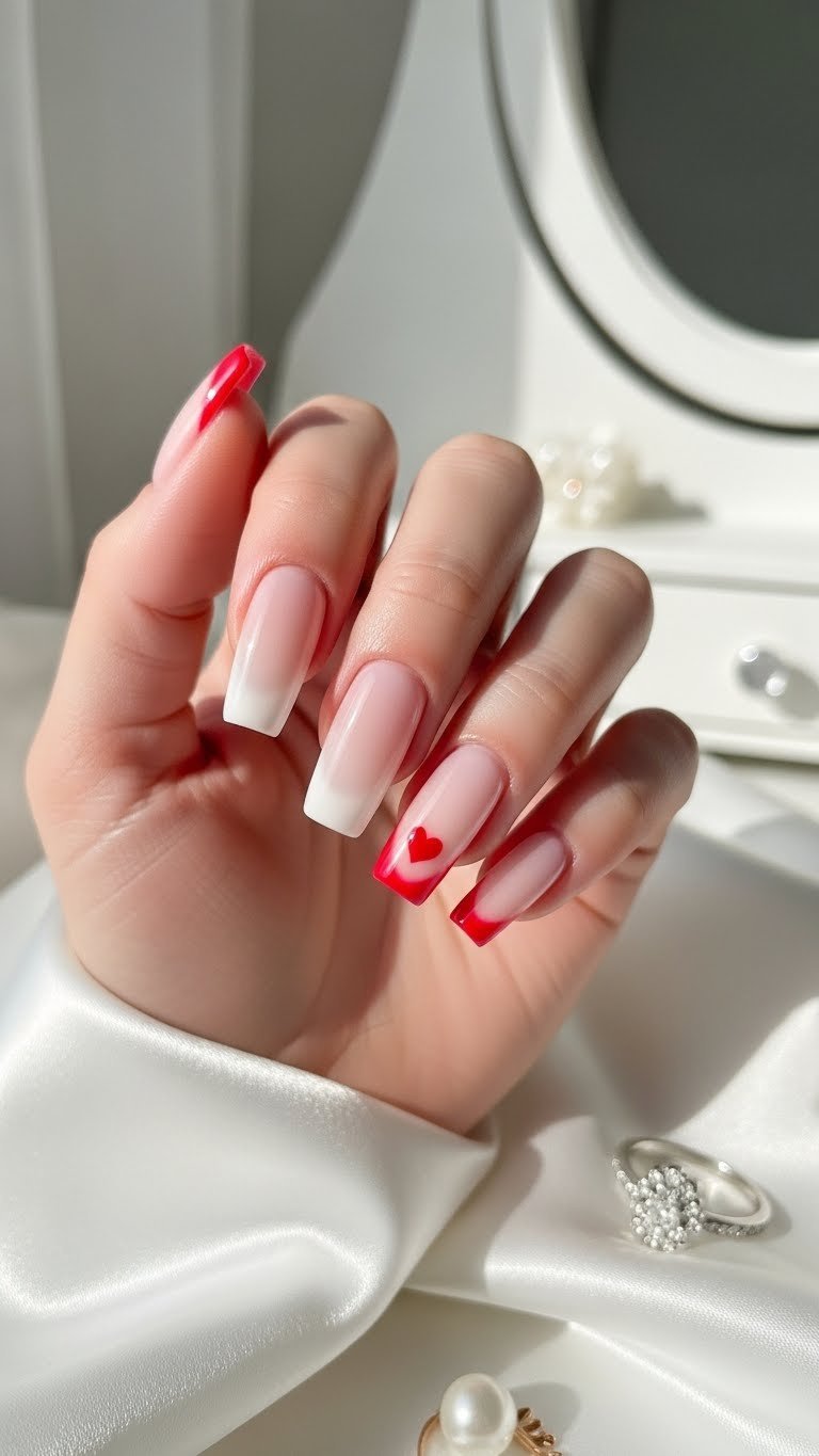 Romantic French ombre nails with red heart accent on white silk fabric in soft natural window light