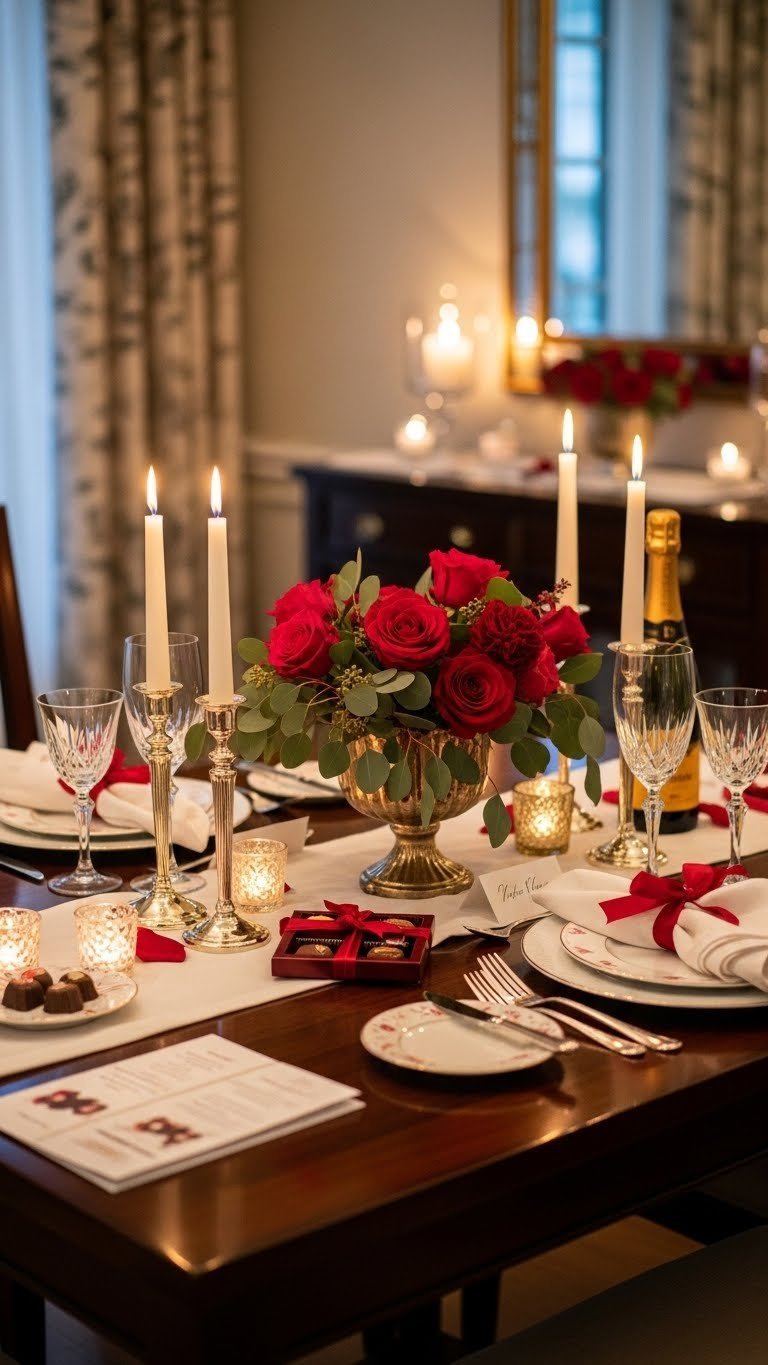 Romantic Valentine's tablescape with fine china, crystal glassware, and floral centerpiece in candlelight