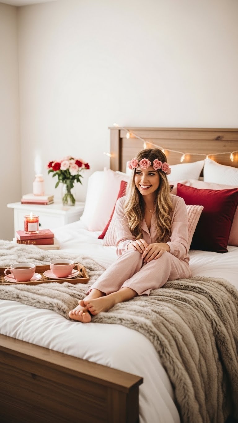 Romantic bedroom transformation with blush pink pillows and fairy lights on white linens for Valentine's Day