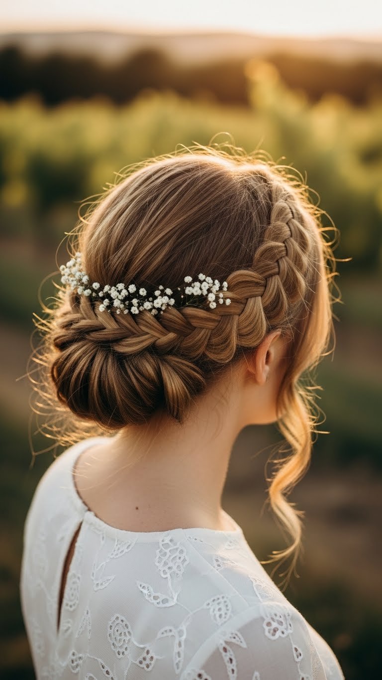 Romantic braided crown updo with intricate woven braids and soft volume against natural garden setting.