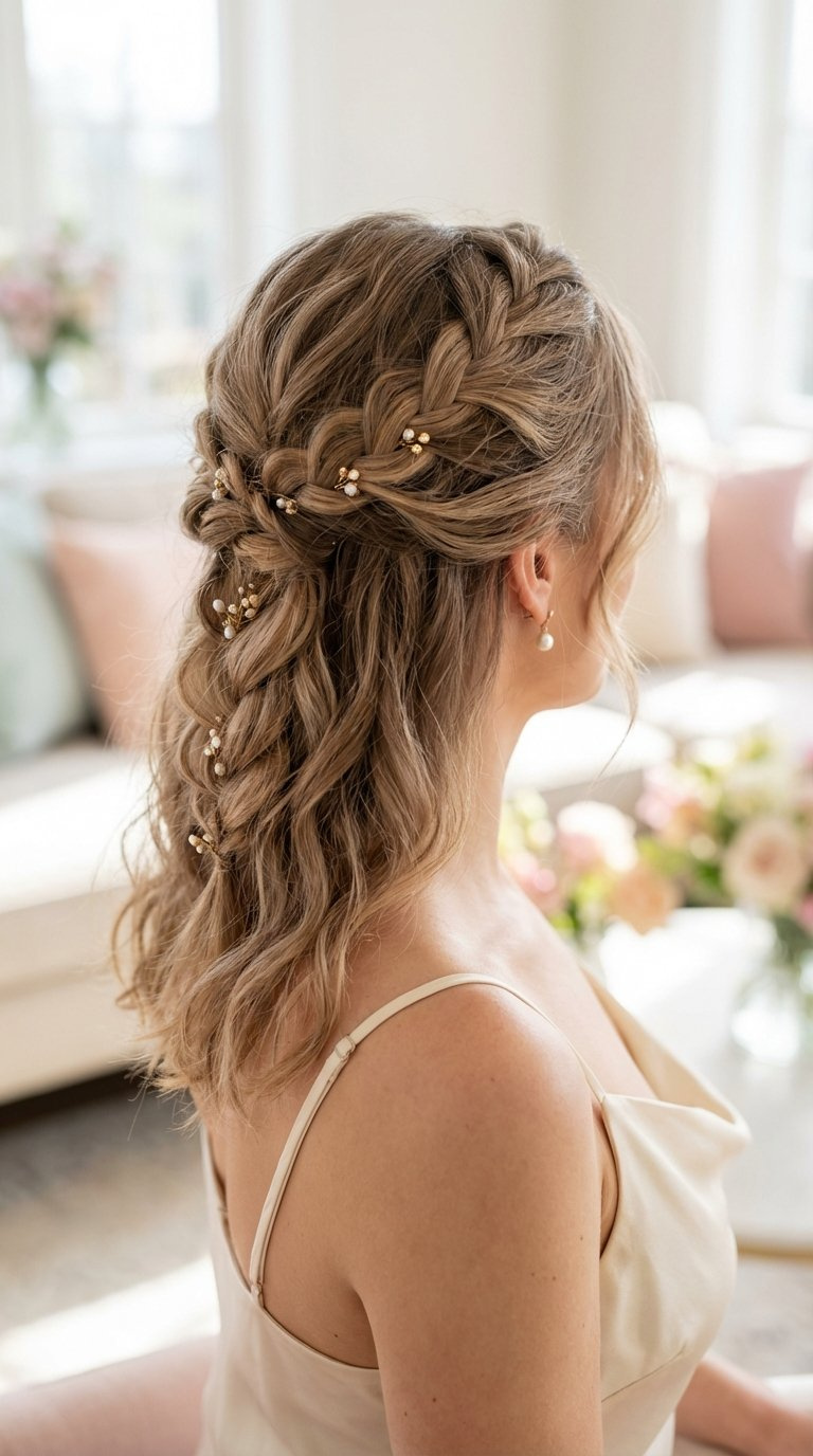 Romantic braided half-up hairstyle with delicate shimmering hairpins and soft waves cascading over shoulders in natural light