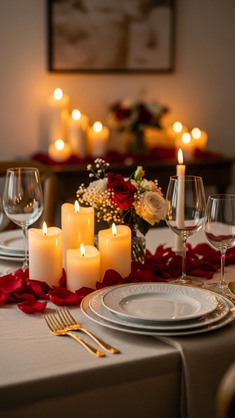 Romantic candlelit table setting for two with flameless LED candles and rose petals on linen tablecloth