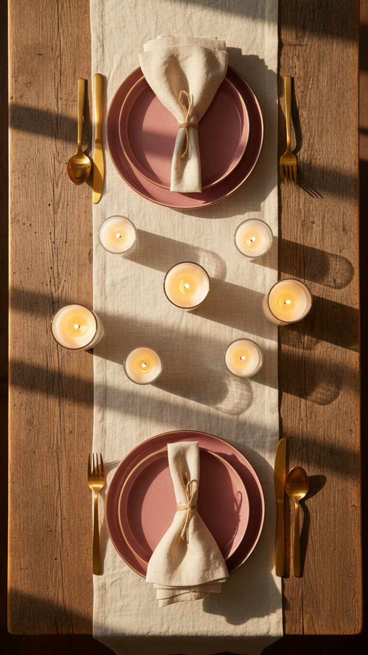 Romantic dinner tablescape for two with ceramic plates, gold cutlery, and votive candles on rustic wooden table
