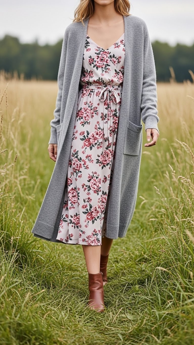 Romantic feminine look with grey cashmere cardigan over floral midi dress in natural outdoor setting