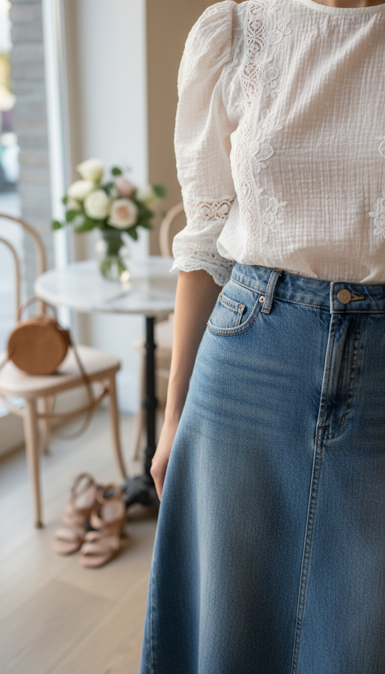 Romantic feminine outfit with white puff-sleeve blouse and medium wash denim midi skirt in charming cafe setting