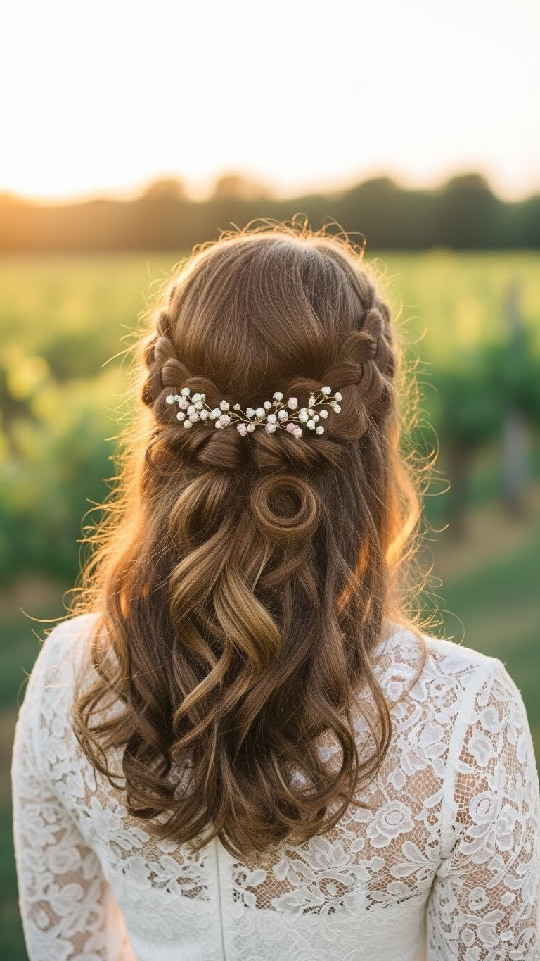 Romantic half-up braided hairstyle with flowing curls in golden hour garden sunset backdrop