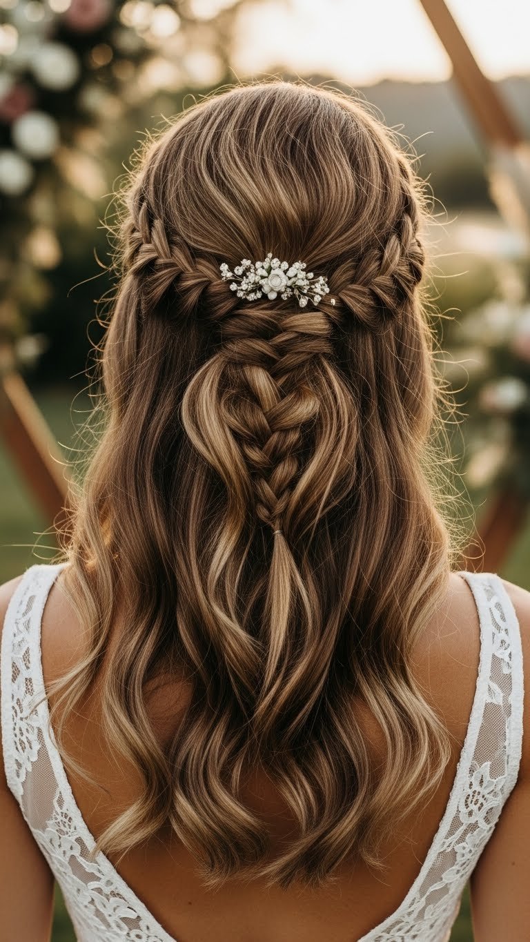 Romantic half-up half-down hairstyle with braids and floral accessories in natural outdoor garden setting