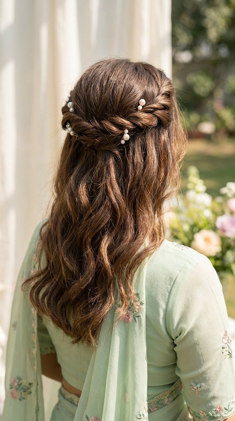 Romantic half-up twisted crown hairstyle with flowing waves and pearl hairpins for delicate saree charm
