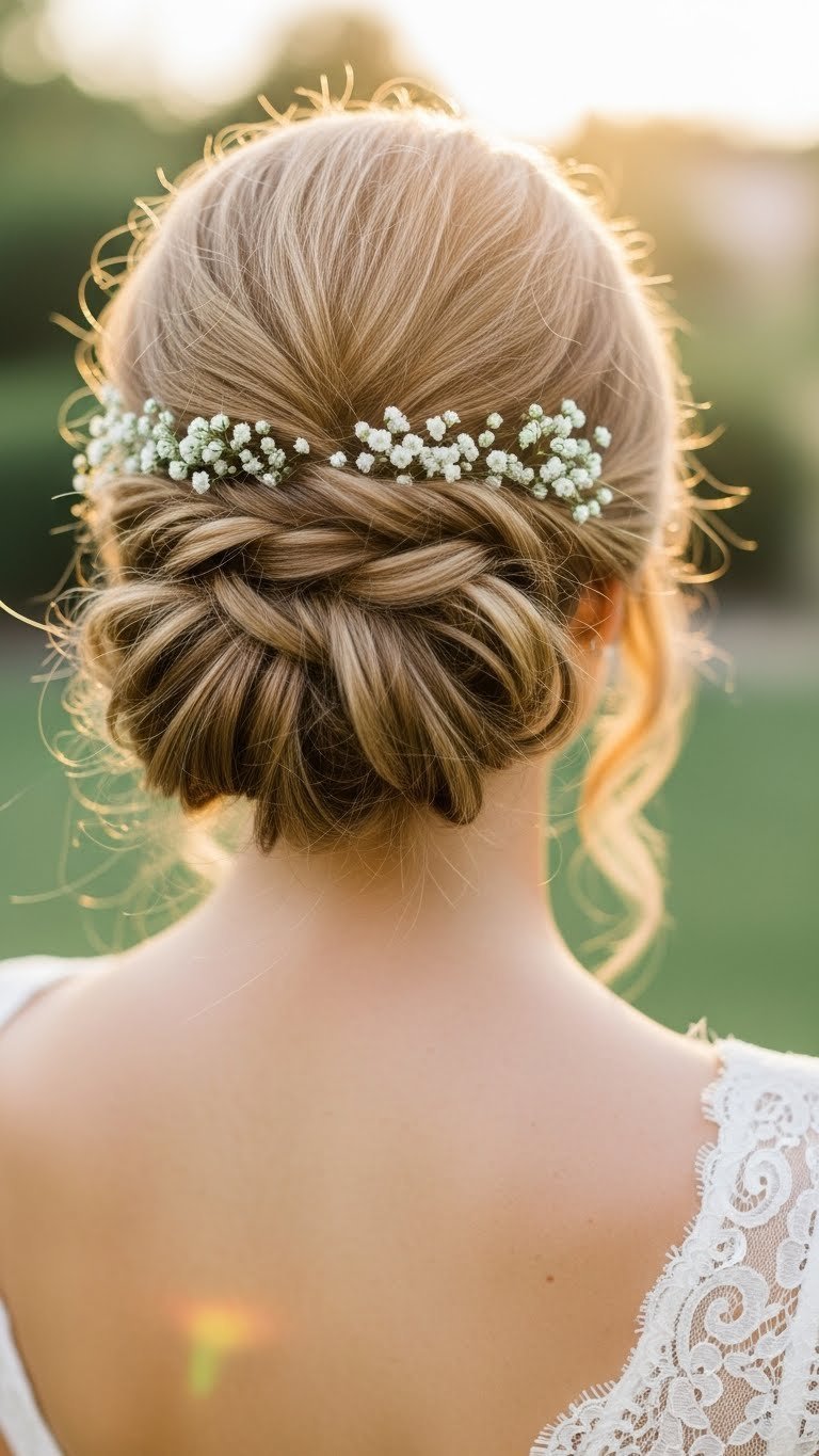 Romantic looped updo hairstyle with ethereal loops and dreamy texture against lush garden wedding backdrop.