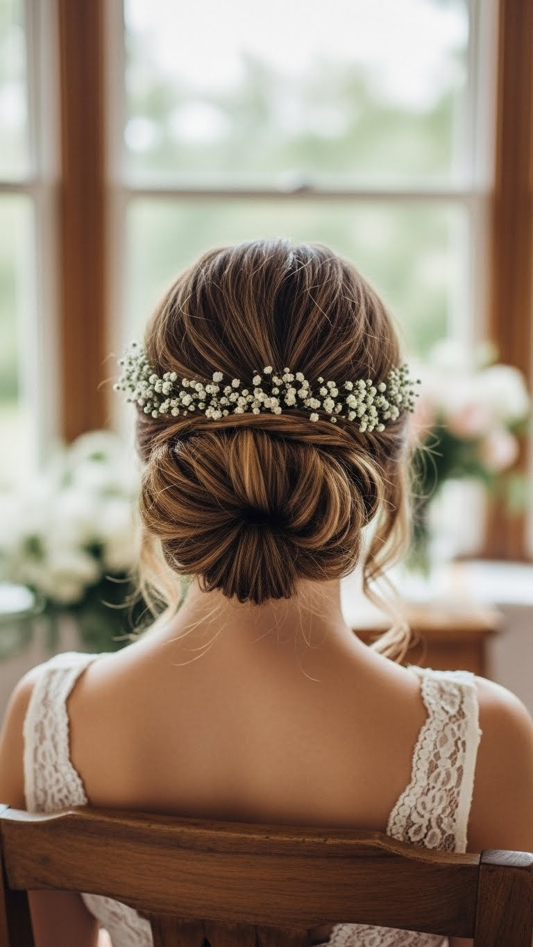 Romantic messy bun hairstyle with textured bun and face-framing pieces against lush garden setting