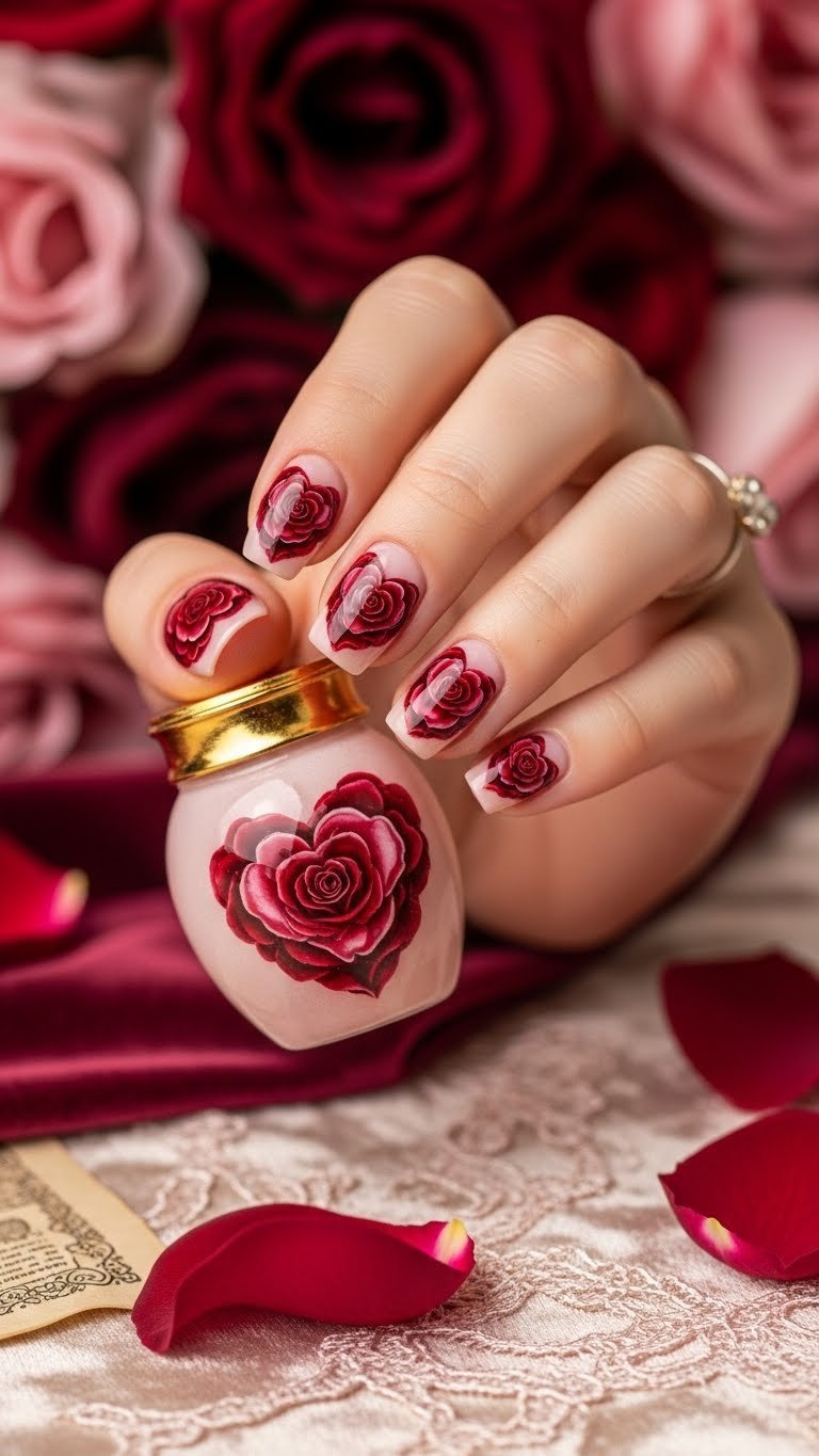 Romantic rose petal blooming gel hearts on hand with deep red and burgundy colors against velvet fabric