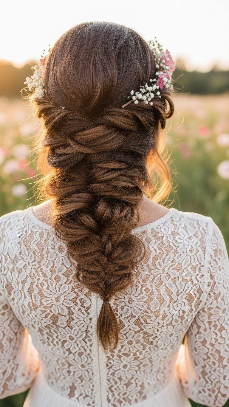 Romantic side braid on medium length Latina hair draped over shoulder with soft face-framing pieces