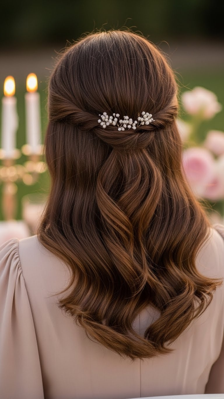 Romantic side sweep hairstyle on medium length Arab hair elegantly swept with gentle waves and feminine allure