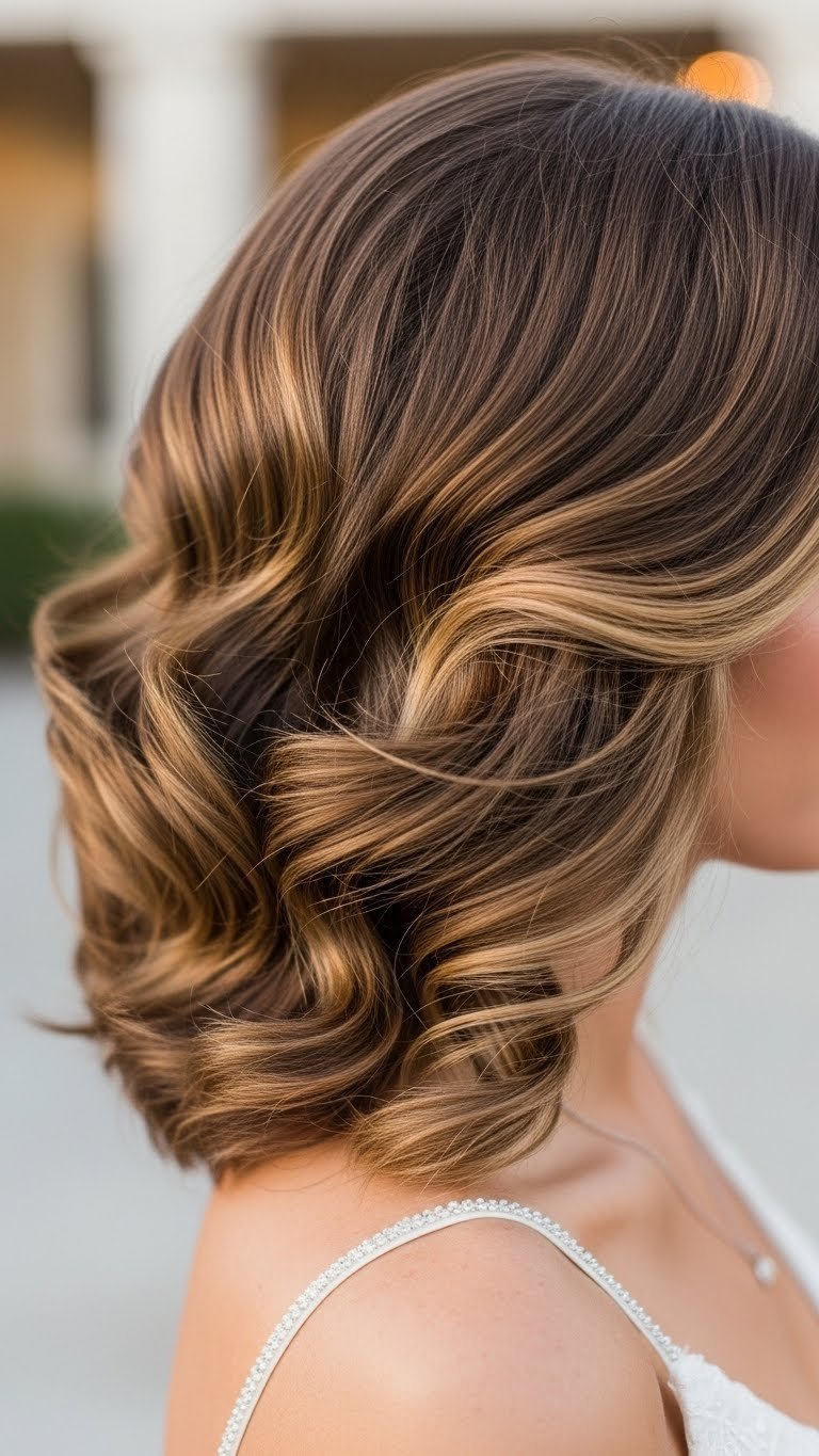 Romantic side swept curls hairstyle with defined cascading curls over shoulder in warm golden hour lighting.