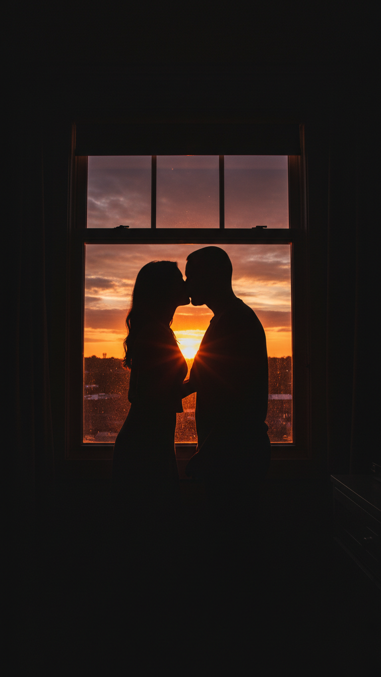 Romantic silhouette of couple kissing against colorful sunset window with dramatic lighting