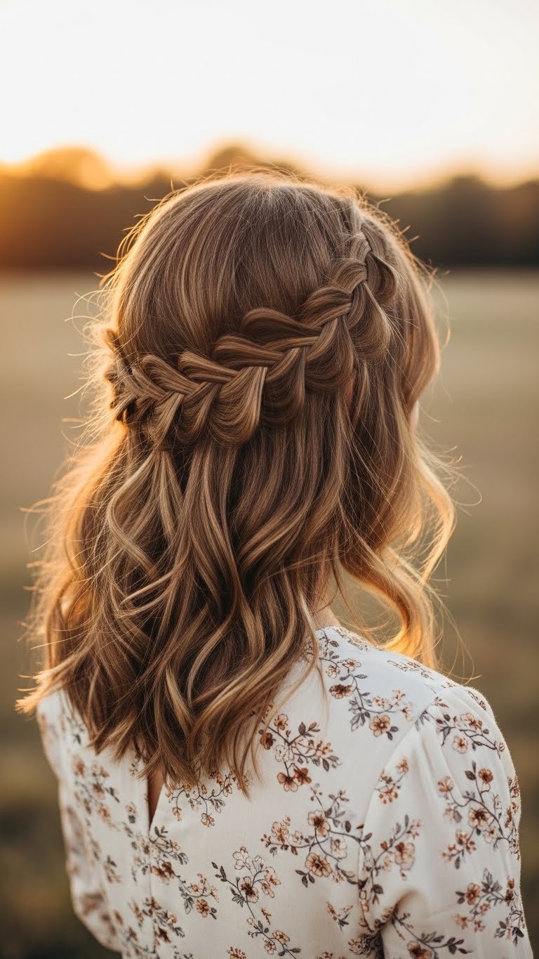 Romantic waterfall braid hairstyle on light brown wavy hair with cascading strands creating soft ethereal effect in natural lighting.