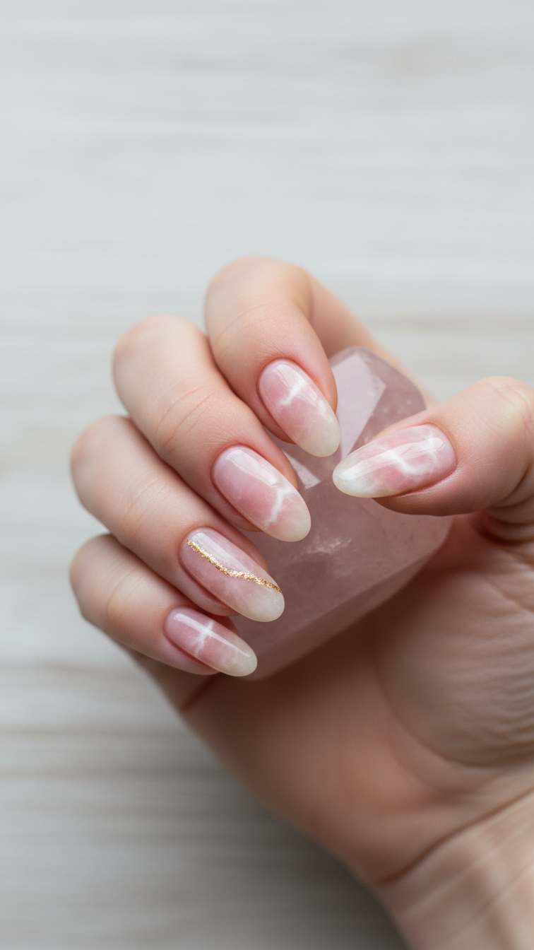 Rose quartz crystal oval nails with milky pink veins and gold glitter cupping polished stone