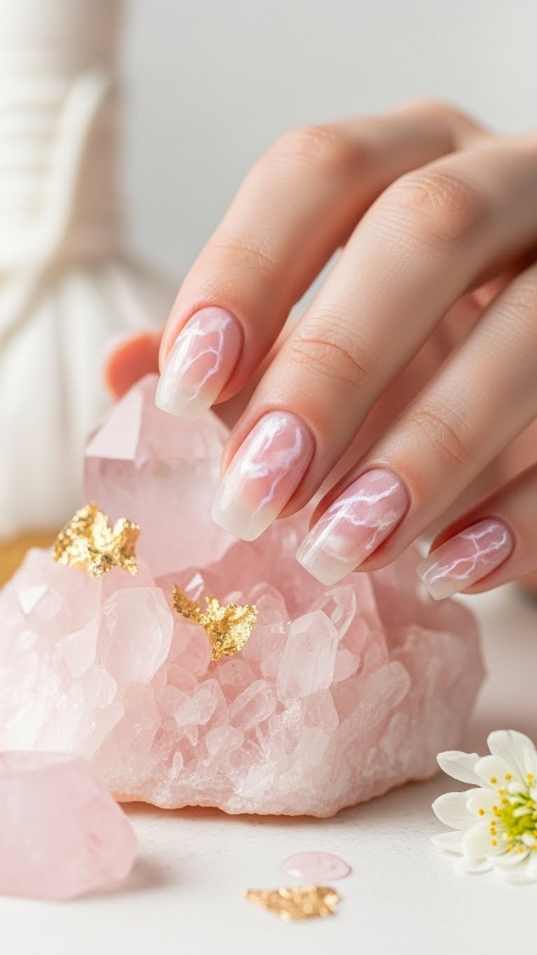 Rose quartz jelly nails with milky pink translucent finish and wispy white veins on crystal cluster