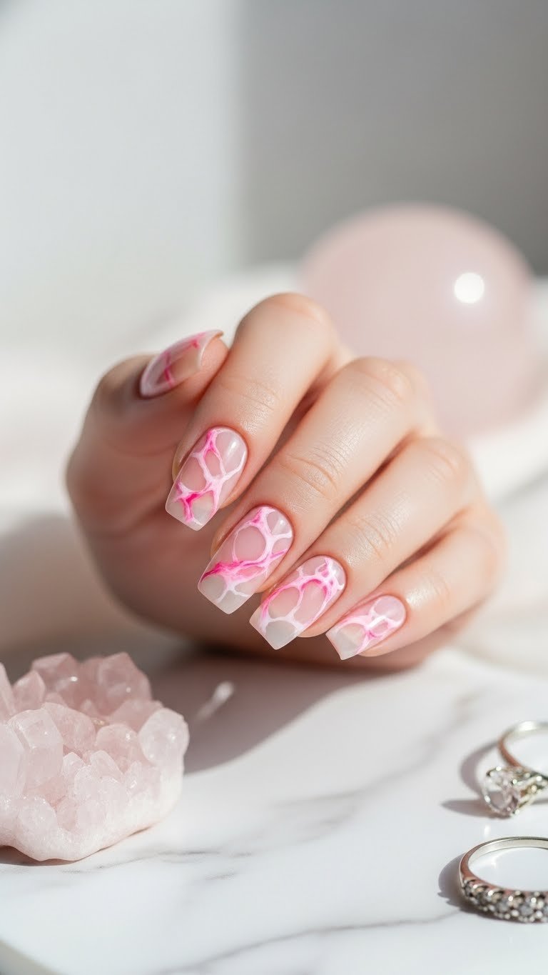 Rose quartz marbling effect on elegant Valentine's gel nails photographed on polished marble