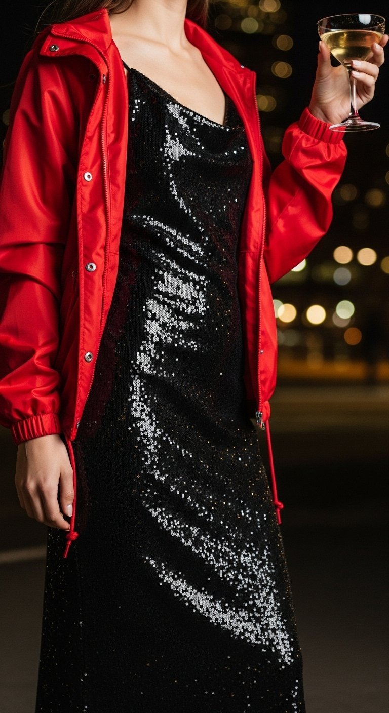 Runway-inspired evening look with black sequin cocktail dress under bright red sporty windbreaker, high-fashion twist