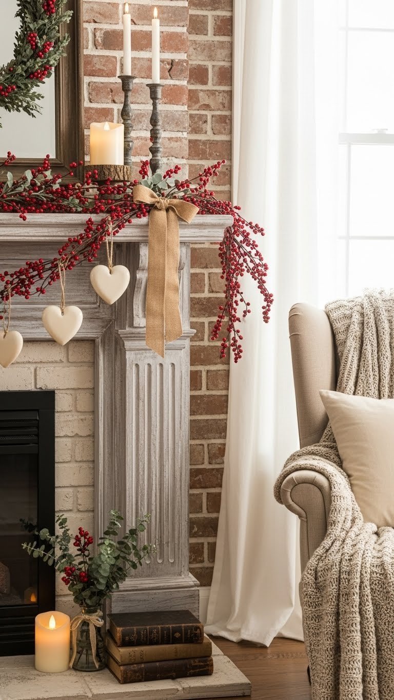 Rustic Valentine mantle decor with natural wood accents, burlap ribbons, and cream ceramic hearts against exposed brick backdrop.