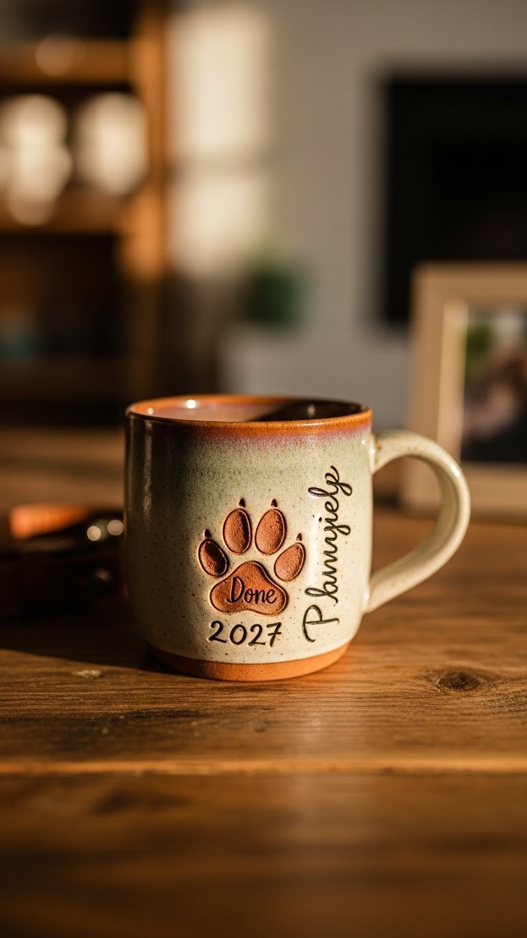 Rustic ceramic mug featuring textured dog paw print keepsake with warm golden hour lighting on reclaimed wood