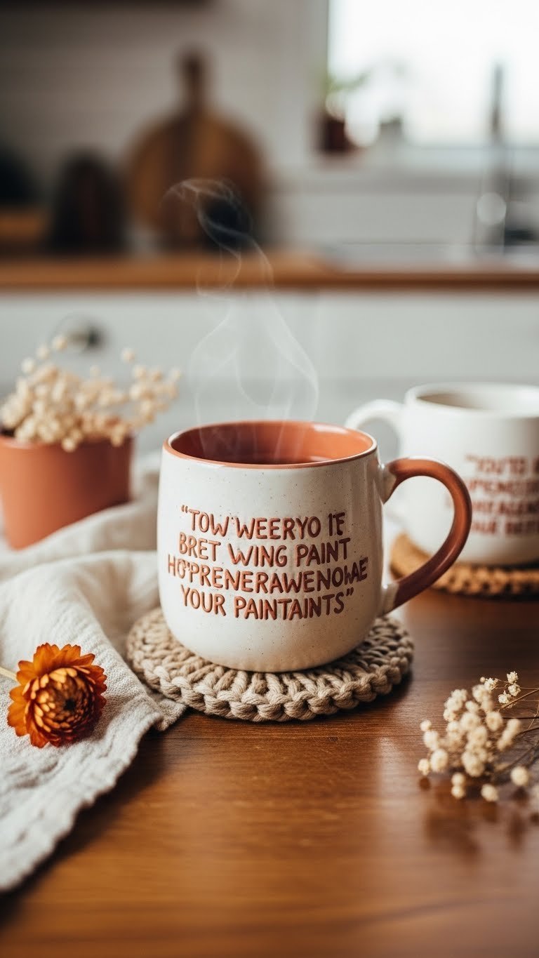 Rustic ceramic mug with raised tactile paint quote on wooden table with knit coaster and dried flowers