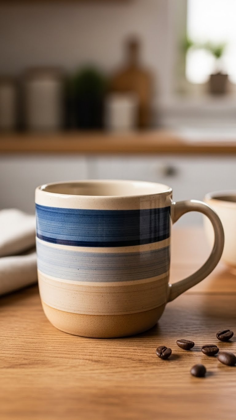 Rustic ceramic mug with textured deep blue and sandy beige brushstroke stripes on wooden table