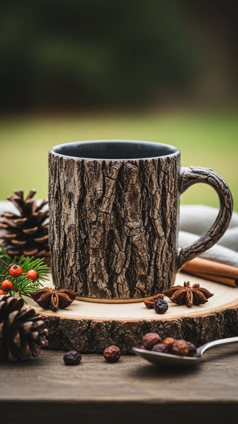 Rustic ceramic mug with textured tree bark design in earthy tones