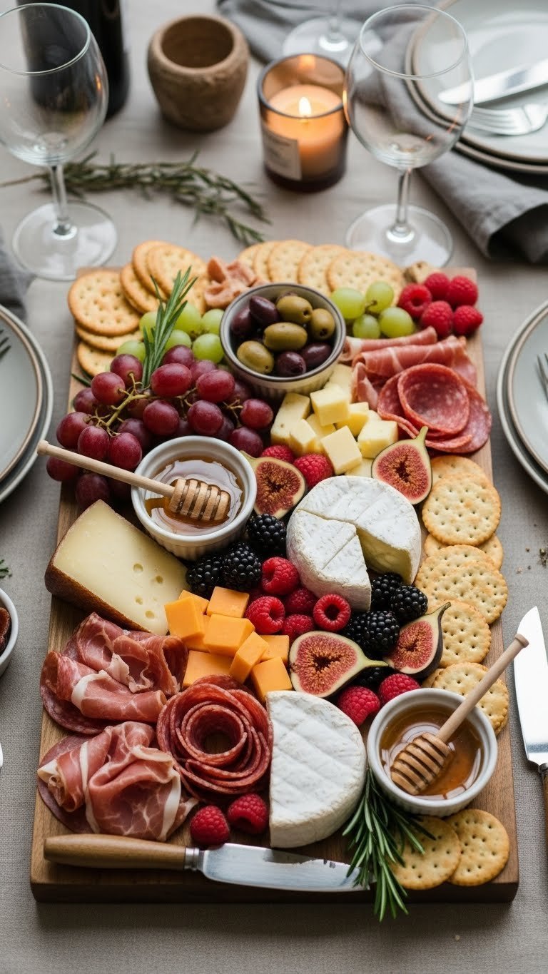 Rustic charcuterie board with cured meats, artisanal cheeses, fruits, and crackers for two